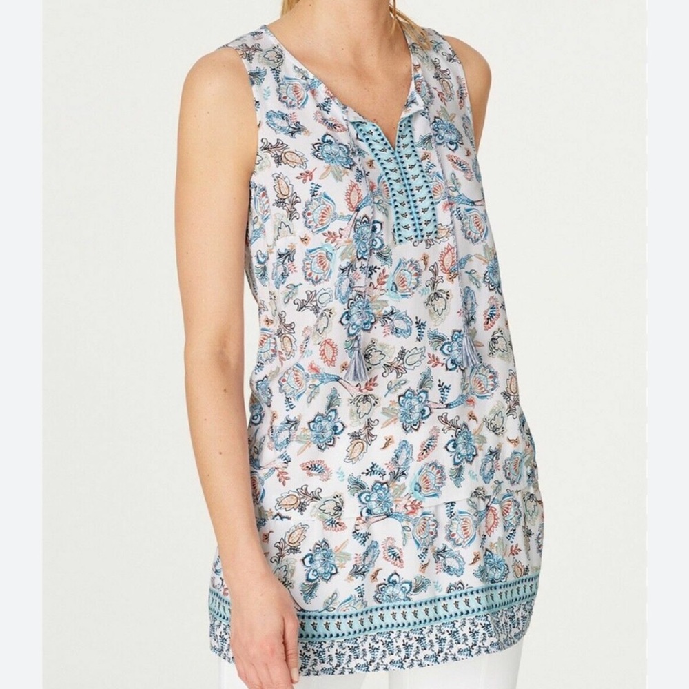 J Jill Sleeveless Tunic Blouse Colorful Paisley Tassels Tiered Hem Size Large